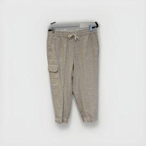 Talbots Womens Pants LP Tan Washed 100% Linen Easy Slim Leg Cropped Cargo